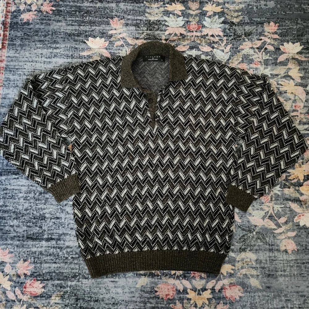 Protege Collection Oversized Geometric Knit Pullover Collared Sweater L